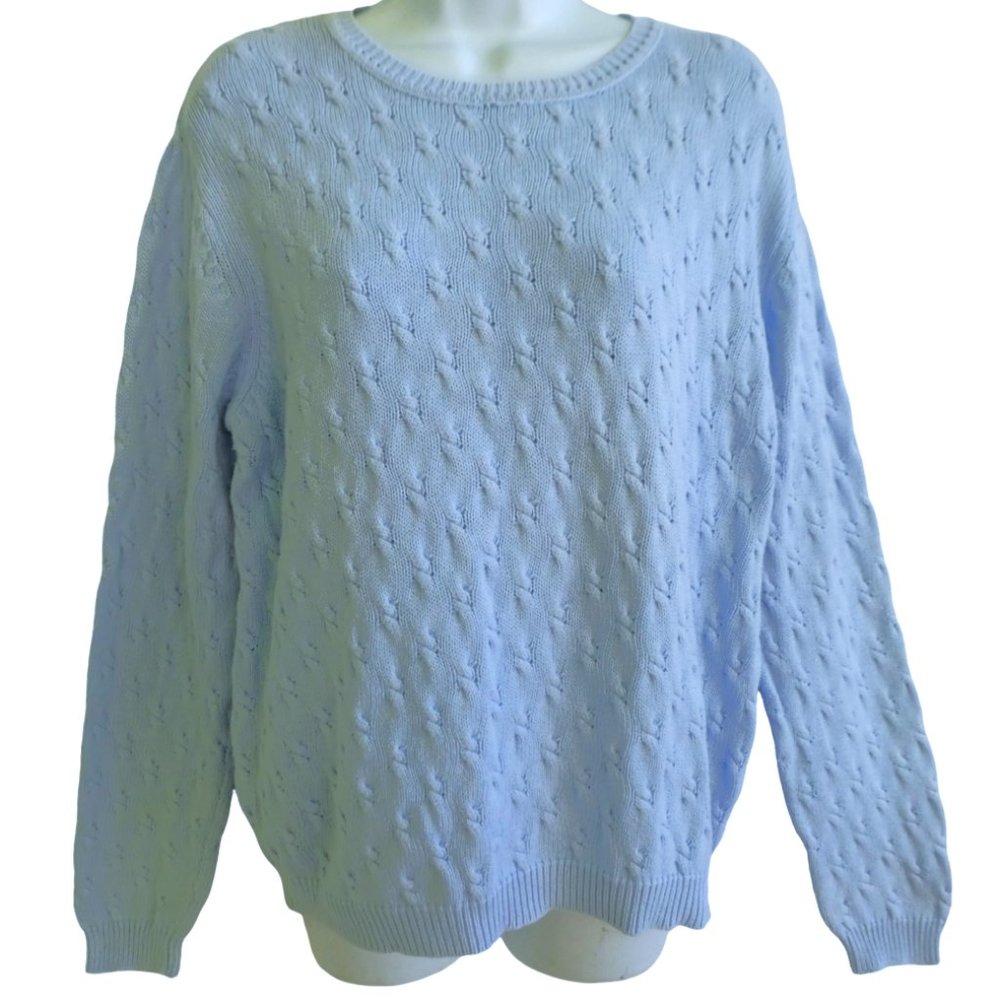 Vintage Hunt Club Light Blue Cotton 3D Knit Sweater Ribbed Crewneck Cuff Waist L